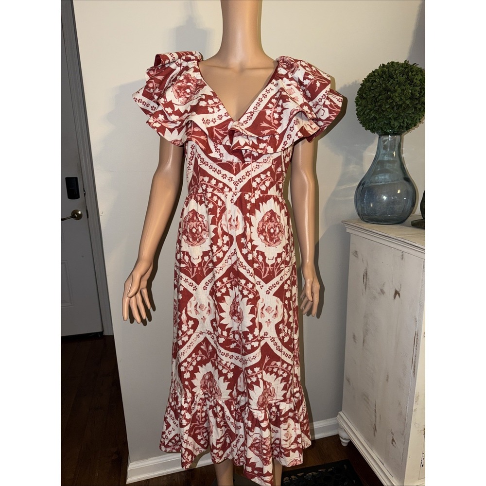 AMUR Dress Ruffles Drop Waist Red White Maxi Luxury Event Statement Dress